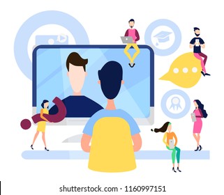 Online education, training, courses for students, managers, employees, businessmen, professional development. People get knowledge from the Internet. Lessons and seminars. Vector illustration