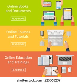 Online education, online training courses and online tutorials, e-books. Digital devices, laptop. Flat design banners.