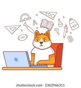 Online education , training and courses.Animal Kid doing homework on laptop.Laptop connect to internet study e-learning.Cute little kid dog learning.Line art vector illustration.Distance lessons.