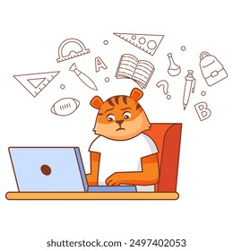 Online education , training and courses.Animal tiger doing homework on laptop.Laptop connect to internet study e-learning.Cute little kid tiger learning.Line art vector illustration.Distance lessons.