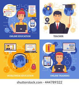 Online education training design concept four square icon set with descriptions of online education teacher worldwide education and online training vector illustration