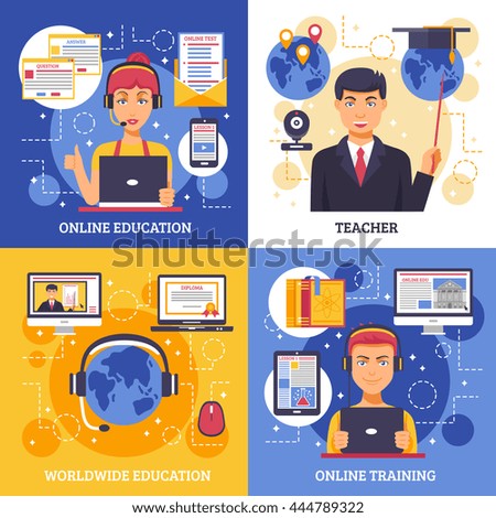 Online education training design concept four square icon set with descriptions of online education teacher worldwide education and online training vector illustration