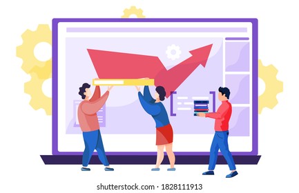 Online Education, Training Or E-learning Concept. Website For Education And Business Courses. Men And Women Carry A Stack Of Books And A Large Folder With Study Materials Near An Open Laptop