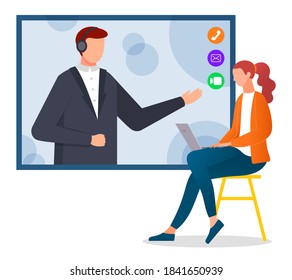 Online education, training or e-learning concept. Website for tutorials and business courses. Video conference, girl sitting on chair with laptop communicating with man in headphones on screen