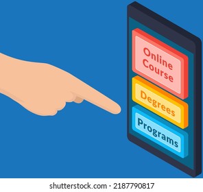 Online education, training or e-learning. Website for business education. Finger points to smartphone screen with online cource, program, degrees buttons, distance learning services using internet