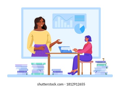 Online education or training illustration with young student and woman tutor, table, books. Virtual meeting and video call concept with freelancer and boss. Online education or consultation banner