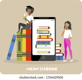 Online education, training. Independent study of the literature. Two girls choose what to read on the phone, an online library. Vector illustration in a flat style.
