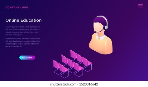 Online education or training isometric concept vector illustration. Speaker figure in headset and empty seats in class, isolated on purple banner, web site for educational or language courses