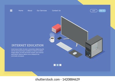 Online education and training, isometric vector illustration. Web service for online training
