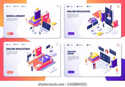 Online education, training, library, exam vector landing page templates