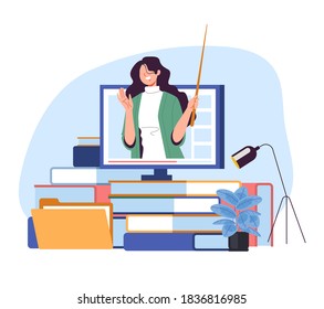 Formación en línea estudiando el concepto de video tutorial. Ilustración de diseño gráfico plano vectorial