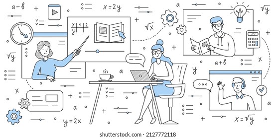 Online education, training, webinar. School or university students listen tutor on computer desktop, distant studying, e-learning. Teacher explain lesson via internet, Doodle line vector illustration