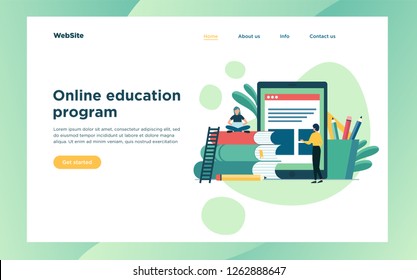 Online education training, workshops and courses visualization flat concept vector landing page template. Small people look at the screen and using technology. Vector illustration