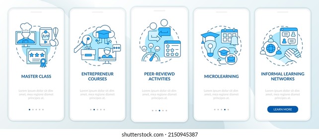 Online education trends blue onboarding mobile app screen. Learning walkthrough 5 steps graphic instructions pages with linear concepts. UI, UX, GUI template. Myriad Pro-Bold, Regular fonts used