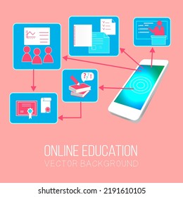Online education tuition of applications. Illustration of smartphone screen with learning concept icons.