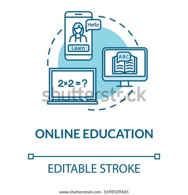 オンライン教育の青緑色のコンセプトアイコン Eノートパソコンで学習 インターネットワークショップ リモート学習のアイデアの細線イラスト ベクター分離型アウトラインrgbカラー描画 編集可能なストローク のベクター画像素材 ロイヤリティフリー