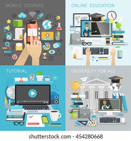 Online Education, tutorial, university for all and mobile courses  concepts. Vector illustration.