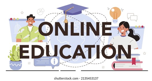 Online education typographic header. Multidisciplinary and lifelong teaching, knowledge gaining. Online education, modern urban development. Flat vector illustration