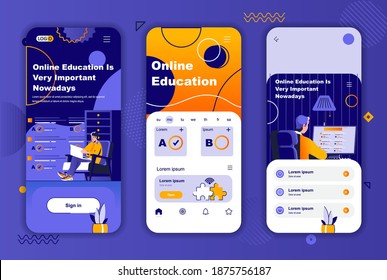 Online Education Unique Design For Social Networks Stories. Distance Learning, Educational Webinar Mobile Screen Templates For App. UI UX Layouts Vector Illustration. GUI Set With People Characters.