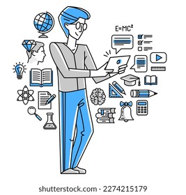 Online education in university or collage, student is doing homework or preparing for remote exam, vector outline illustration, distance study sciences and graduate.