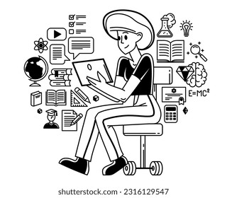 Online education in university or collage, student is doing homework or preparing for remote exam, vector outline illustration, distance study sciences and graduate.