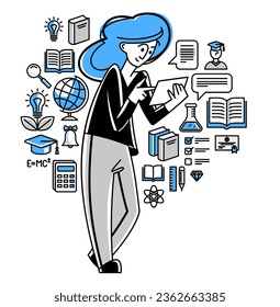 Online education in university or collage, student is doing homework or preparing for remote exam, vector outline illustration, distance study sciences and graduate.