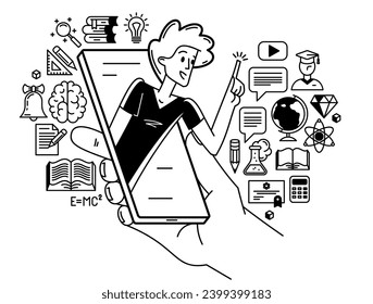 Online education in university or collage, student is doing homework or preparing for remote exam, vector outline illustration, distance study sciences and graduate.