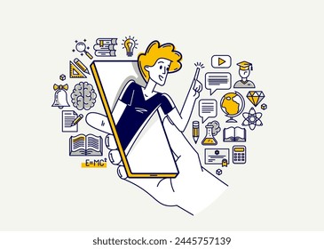 Online education in university or collage, student is doing homework or preparing for remote exam, vector outline illustration, distance study sciences and graduate.