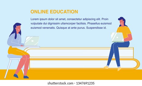 Online Education, University Vector Banner Layout. Distance learning Poster with Text Space. Female Characters Using Laptops. Women Studying. Internet Courses. Student Sitting on Books Pile
