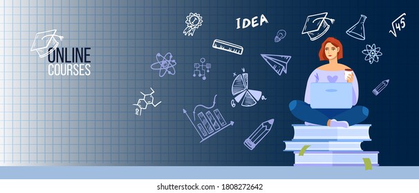 Online education or university vector concept with female student sitting on books. Virtual internet courses illustration with science doodles. Online education or training vector banner in flat style