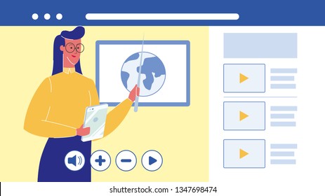 Online Education, University Vector Illustration. Distance Learning. Video Lesson, Tutorial. Internet Courses. Website Page. Webinar, Online Seminar. E-learning. Teacher Pointing on Board. Speaker