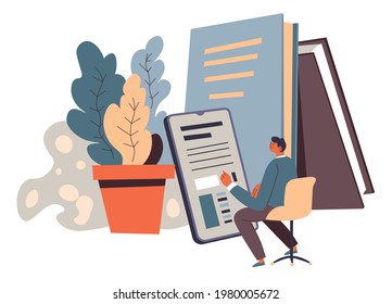 Online education using laptops and gadgets, books and publications with information. Studying in web with tutor, text and video materials. Student on quarantine. Vector in flat style illustration