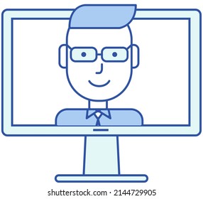 Online education using technology concept. Man on screen conducts lesson or video call. Webinar and seminar studying via Internet. Distance learning, tutorial course or online communication program