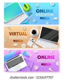 Online education vector background set. Virtual education text with tablet, laptop and keyboard device elements in grid pattern decoration for distance learning home school collection.