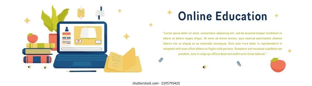 Online Education Vector Banner With Computer, Books, Home Plant, Apple and Other Objects. Perfect for Websites, Social Media, Printed Materials, etc.