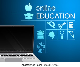 Online education vector banner design. Online education text with elearning laptop device and school supplies element in line art and study icon for educational e-learning. Vector illustration