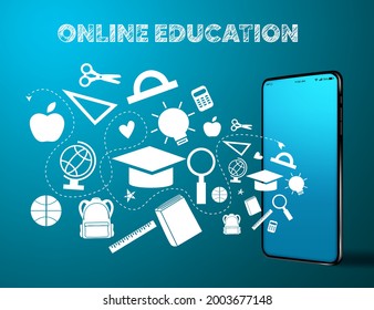 Online education vector banner design. Online education text with mobile phone device and educational doodle art elements for e-learning study creative design. Vector illustration