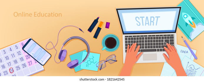 Online education vector banner with home office workplace top view, laptop, typing hands. University or school internet courses background with stationery, smartphone. Online education flat lay 