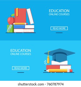 Online education vector banners, books stack, courses and training concept, studying and teaching, academy hat book pencil flat 3d illustration on blue background