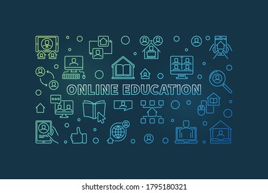 Online Education vector colored concept outline horizontal illustration or banner on dark background