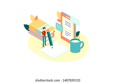 Online education vector concept with characters, flat isometric design. Online training courses, retraining, specialization, tutorials. Small people look at the screen and using cloud technology