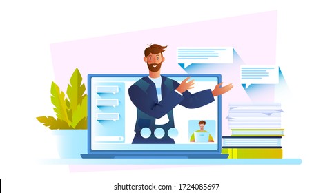 Online Education Vector Concept With Confident Male Character, Laptop Screen, Books, House Plants And Messages. Video Chat Illustration With Young Cheerful Tutor Teaching Online During Quarantine.