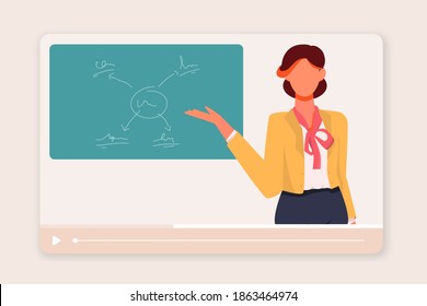 Online education vector concept with confident female character,  Vector illustration with young cheerful tutor teaching online during quarantine. E-learning banner in flat style. 