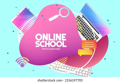 Online education vector concept design. Online school text with educational items in abstract shape with laptop, tablet and keyboard elements for knowledge learning background. Vector illustration.
