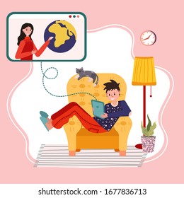 Online education vector concept. Distance study at school. Student sit home and study in digital course. Teacher is teaching in the tablet monitor. Boy is listening teacher using tablet.