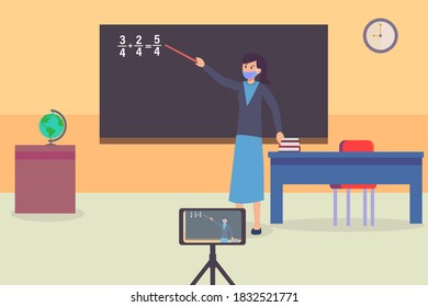 Online Education vector concept: Female teacher wearing face mask while teaching online by recording video with a mobile phone in the class