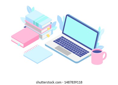 Online education vector concept, flat isometric design. Online training courses, retraining, specialization, tutorials