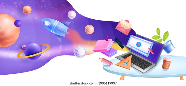 Online education vector concept, internet school, video lectures, training space 3D background. Web home office, distant tutorial, classes concept, laptop, planets, rocket. Online education design