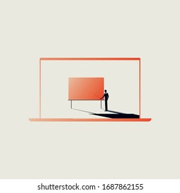 Online education vector concept with laptop. Symbol of e-learning, new technology. Minimal art design. Studying during quarantine, self-isolation. Eps10 illustration.