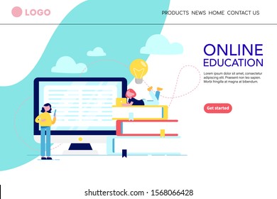 Online education vector concept. Library, training courses, retraining, specialization, tutorials. Flat style landing page template